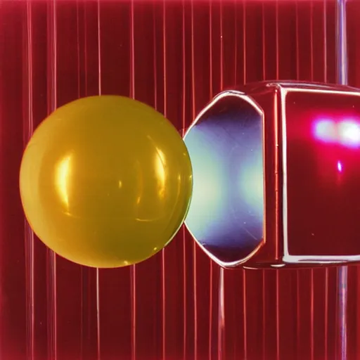 Prompt: chrome spheres on a red cube, kodak gold photograph