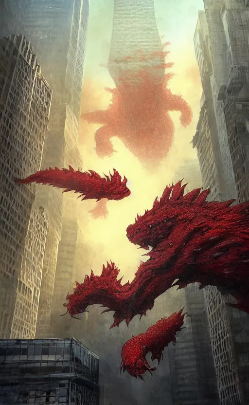 Prompt: a giant red monster smashing through skyscrapers, koi fish kaiju with two legs and two arms, digital painting, masterpiece, by ilya kuvshinov, hayao miyazaki, kentaro miura, thomas kinkade, greg rutkowski, gorgeous, beautiful, cinematic, dynamic volumetric lighting, dust clouds and building debris, intense, dramatic