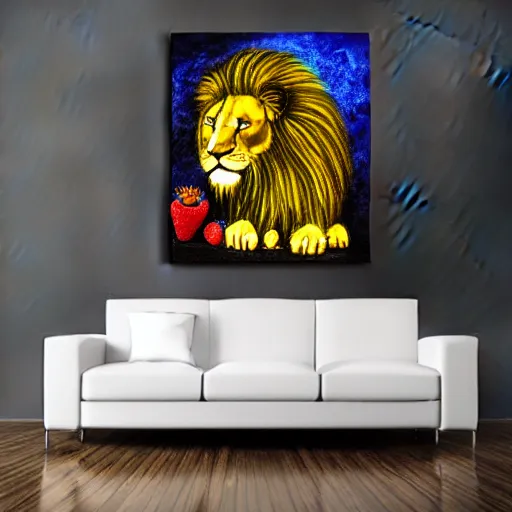 Image similar to black canvas, lion, neon lights, strawberry, dja