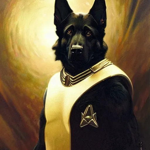 Image similar to a portrait of black german shepherd beast - man, star trek the next generation. highly detailed painting by gaston bussiere, craig mullins, j. c. leyendecker