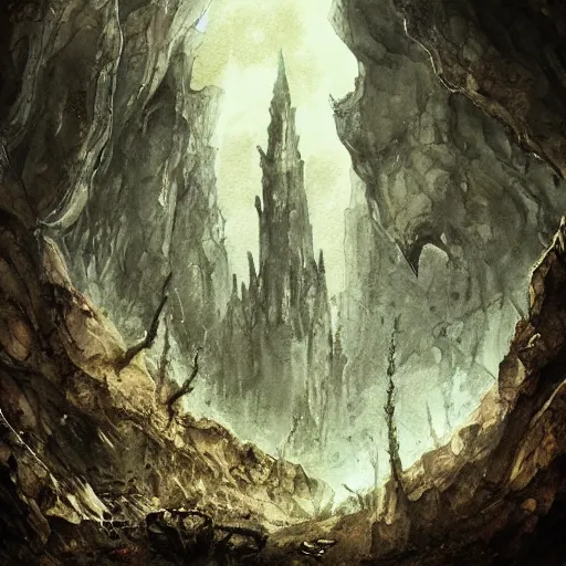 Prompt: abandoned ruined cave city, gothic art, color, detailed, eerie, emotional, sad, highly detailed, sharp focus, motherboard, Artstation, deviantart, artgem, insane detail, watercolor, golden ratio, in the style of Heavy Metal Comics