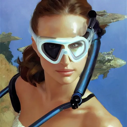 Image similar to a portrait of natalie portman in a scuba dive mask and a snorkel, greg manchess painting by sargent and leyendecker, studio ghibli, fantasy, medium shot, asymmetrical, intricate, elegant, matte painting, illustration, hearthstone, by greg rutkowski, by greg tocchini, by james gilleard, by joe fenton