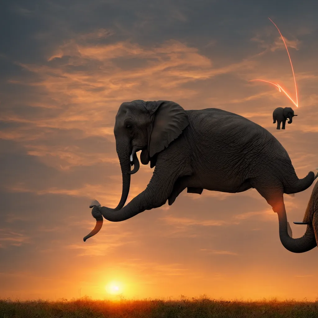 Prompt: elephant shooting lasers from its eyes in front of a sunset