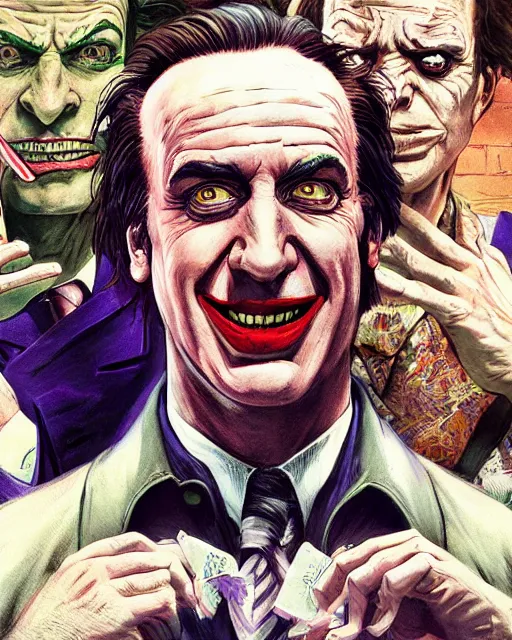 Image similar to portrait of saul goodman as the joker, gta loading screen, art by makoto shinkai and peter elson, bernie wrightson