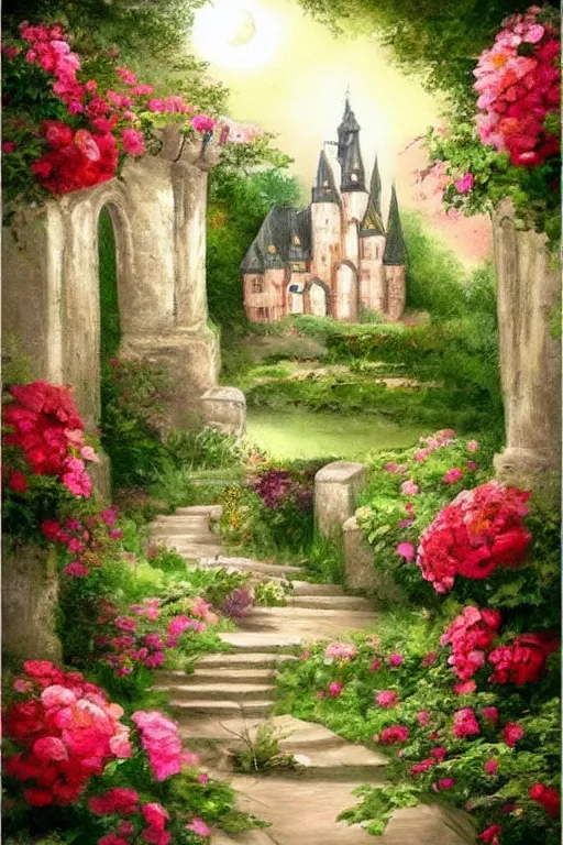 Prompt: Beautiful dream pictures, castle, roses, flowers, trending on art station