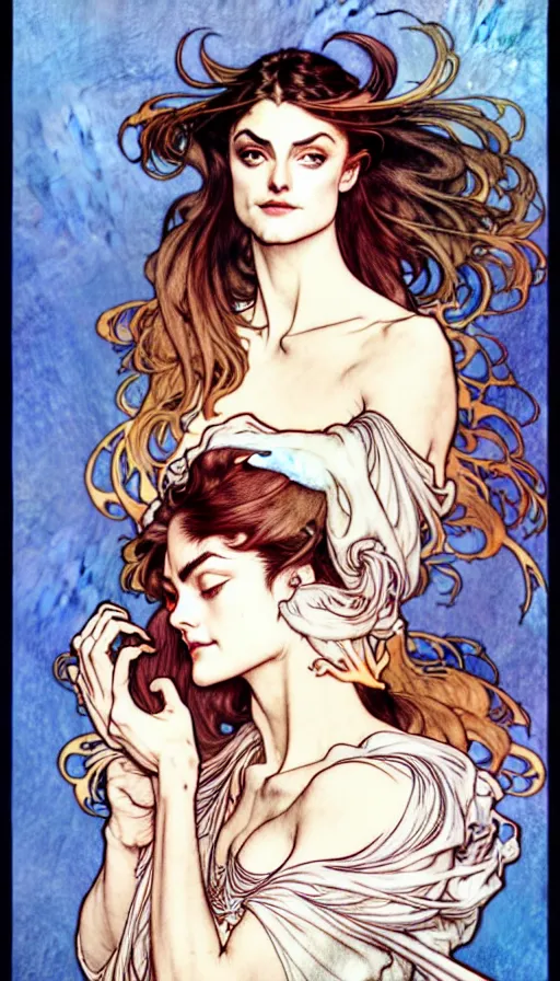 Image similar to in the style of artgerm, arthur rackham, alphonse mucha, phoebe tonkin, symmetrical eyes, symmetrical face, flowing blue skirt, hair blowing, full body, intricate filagree, hidden hands, warm colors, cool offset colors