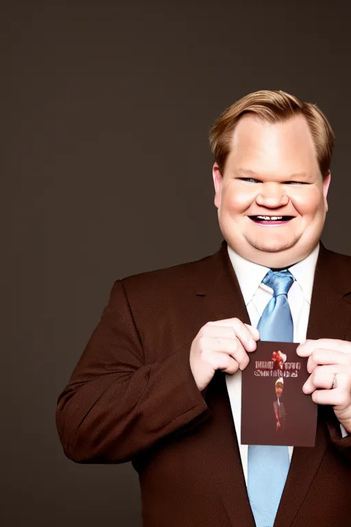 Prompt: andy richter in a brown suit and necktie, ultra hd photo, 3 5 mm close up, fish eye, realistic, smiling, holding a postcard from chicago