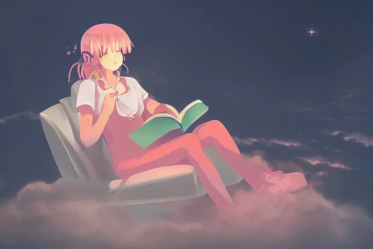 Image similar to a cute anime girl reading a book on a cloud relaxing, misty, glows, digital art, hazy, foggy, ambient lighting, 8 k, neon, synthwave,