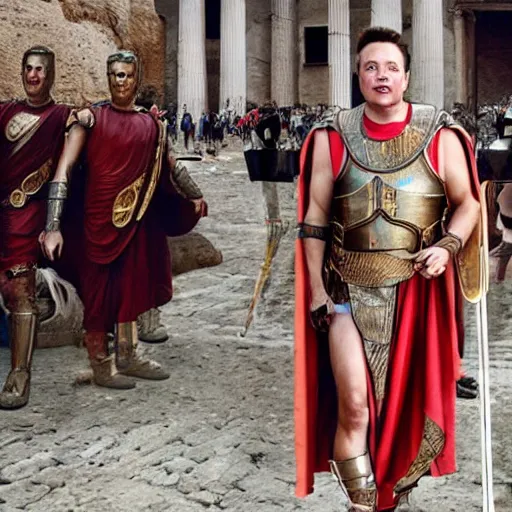 Image similar to elon musk as a roman praetorian in the streets of ancient rome, photograph still