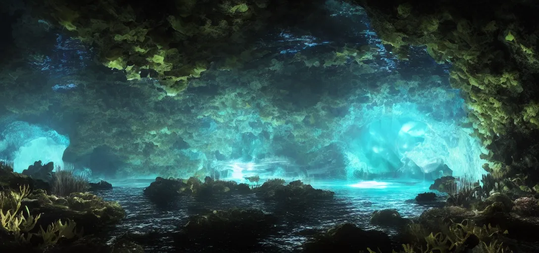 Image similar to beautiful view of an underwater cavern, glowing water with caustics, dark atmosphere, dappled light, reflections, bubbles, refraction, symmetry, cinematic lighting, ultra detailed, sharp, ambient occlusion, bloom, raytracing, by dylan cole, sebastian meyer and jordan grimmer