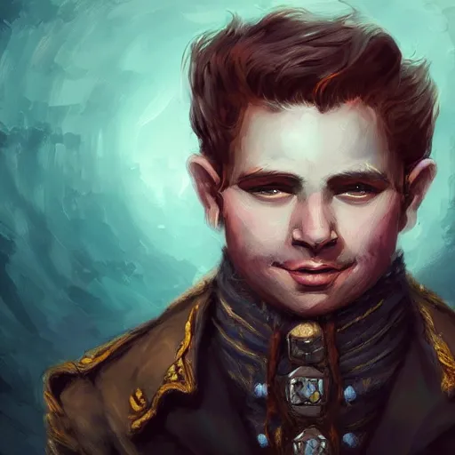 Image similar to Brown haired halfling oil portrait, middle aged, dandy elegant fop diminutive by Anato Finnstark, Tony Sart highly detailed, artgerm, digital illustration, concept art