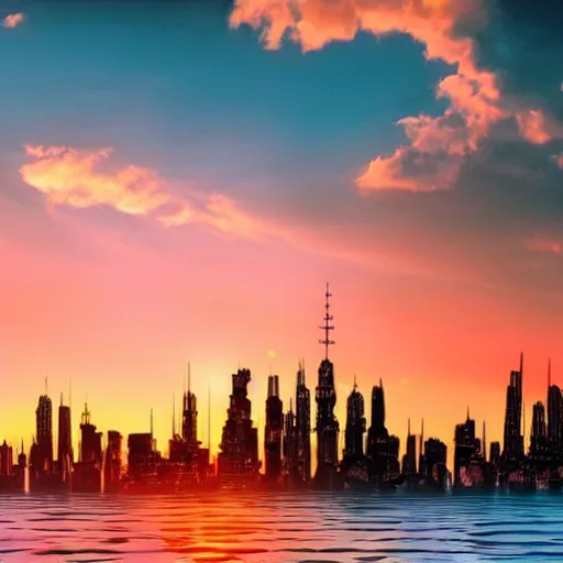 Prompt: sunset in the sea over a modern city, fantasy style, hd wallpaper