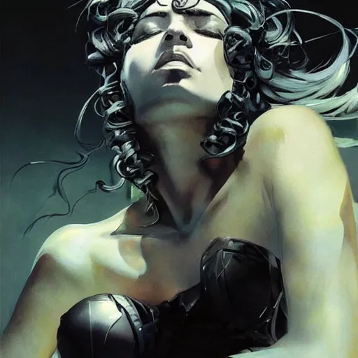 Image similar to a dramatic side portrait painting of a medusa. her face is covered by a veil, and light is glowing. art by yoji shinkawa and sandra chevrier, trending on artstation, award - winning, perfect composition.