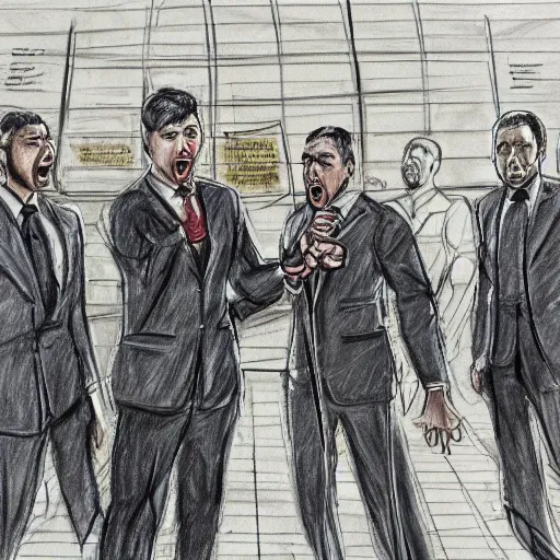 Image similar to highly detailed realistic sketch of UN members in suits yelling at a cyborg samurai, fear and anger in their eyes, colored , award winning , masterpiece on a scroll , post-processing