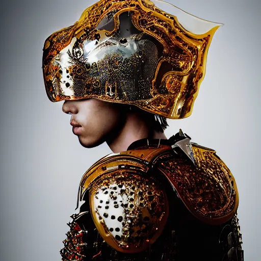 Prompt: a portrait of a beautiful young male wearing an alexander mcqueen armor made of translucent acrilic , photographed by andrew thomas huang, artistic
