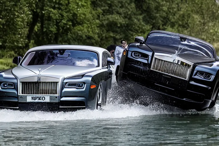 Image similar to Group of teenagers push Rolls-Royce into lake from small slide