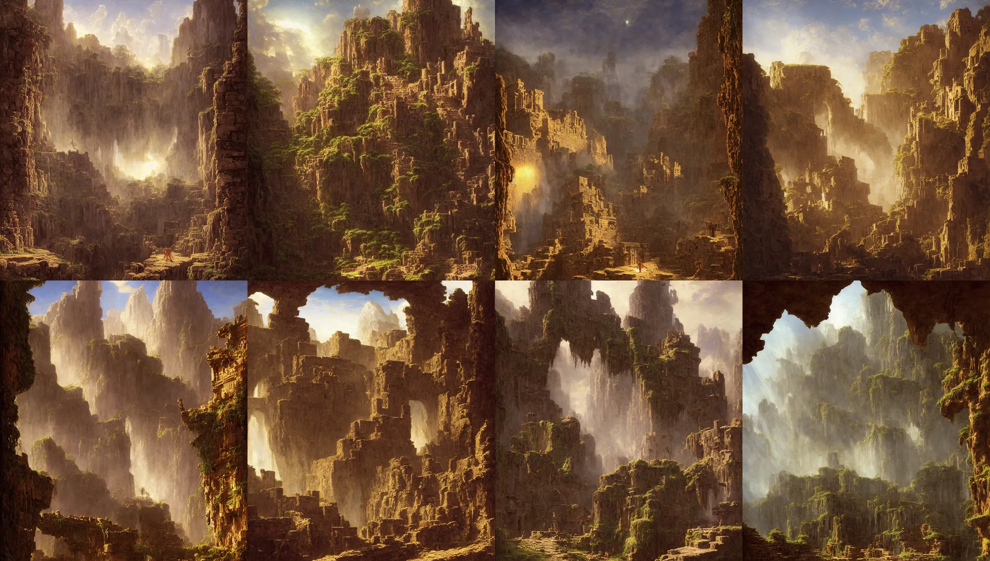 Prompt: aztec ruins built on the walls of a cave by jorge jacinto, albert bierstadt, jim burns, edwin church, frederic thomas cole, brown durand, asher david friedrich, caspar james gurney, johnson heade, martin raphael lacoste, ted nasmith, andreas rocha, christophe vacher, mystical, fantasy, rays of sun light, atmospheric lighting