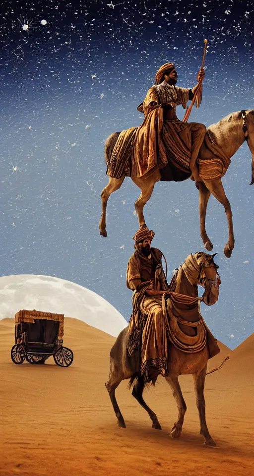 Image similar to an arabian merchant drives his caravan through the desert at night, moon and stars in night sky, stunning, detailed art