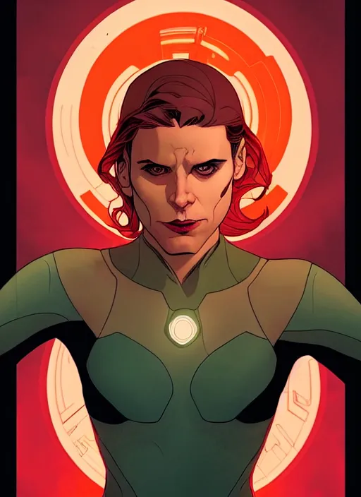 Prompt: Rafeal Albuquerque comic art, Joshua Middleton comic art, cinematics lighting, sunset colors, pretty Kate Mara Enchantress DC comics, angry, symmetrical face, symmetrical eyes, full body, flying in the air, night time, red mood