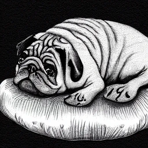 Prompt: adorable pug sleeping at the foot of a large mushroom, white background, professional stipple hand - drawn scientific illustration, black and white image.