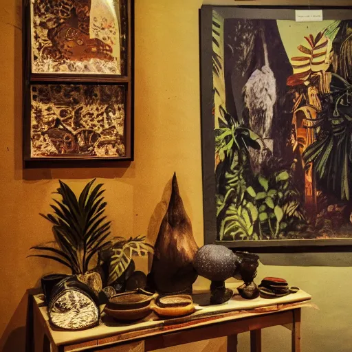 Prompt: An offset photography of an object on display, three colors, anthropology of wonder, exotic artifacts, bauhause, (tropicalism), colonial expedition, exhibition, 60s style