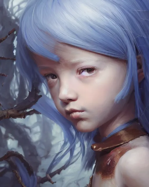 Prompt: a highly detailed oil painting of A little nightmare girl, Brown eyes, in professional makeup, with length blue hair, and a tall tree, and large obsidian crystals, cinematic lighting, dramatic atmosphere, by Dustin Nguyen, Akihiko Yoshida, Greg Tocchini, Greg Rutkowski, Cliff Chiang, 4k resolution, trending on artstation