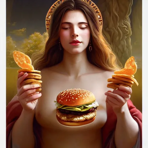 Prompt: portrait of sacred goddess venus eating hamburgers, extra onions and ketchup, luscious patty with sesame seeds, feminine ethereal, handsome, d & d, fantasy, intricate, elegant, highly detailed, digital painting, artstation, concept art, matte, sharp focus, illustration, art by artgerm and greg rutkowski and alphonse mucha