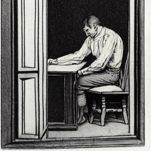 Prompt: tired man sitting behind a desk in a cubicle, papers stacked high by charles maurice detmold