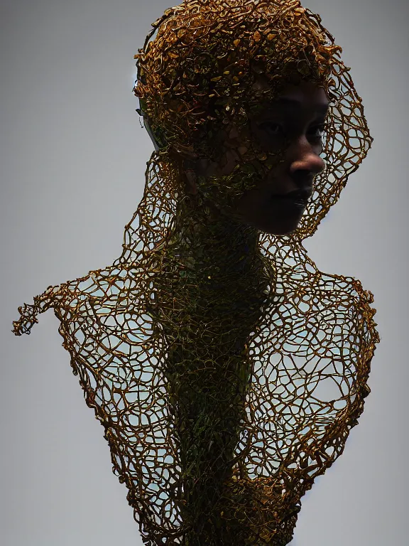 Prompt: bust sculpture of a girl trying to break free, made of translucent web in beautiful organic voronoi and venation patterns, painted by sargent and peter mohrbacher