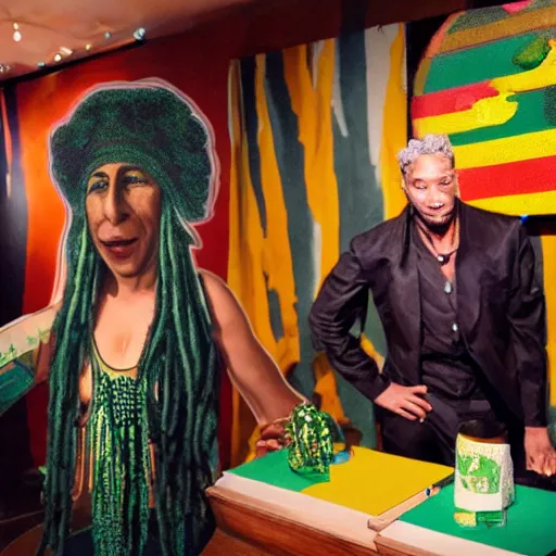 Image similar to Rastafarian barbera streisand cannabis exhibit presentation directed by David Lynch