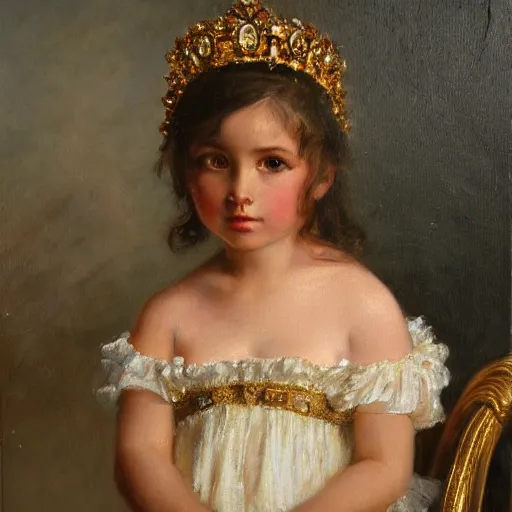 Image similar to An oil painting by Adolf Hirémy-Hirschl. Portrait of a young girl looking at the camera. The girl has a very light skin, long dark hair, wearing a golden tiara and golden jewelries covering her ears. The girl wears a white and golden dress.