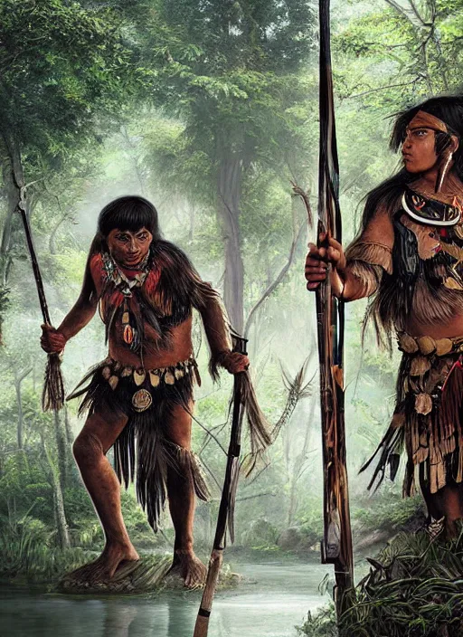 Image similar to two indigenous people hunting together in the jungle, fantasy art, highly detailed, matte painting