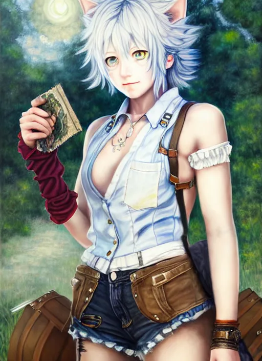 Image similar to a portrait of catgirl wearing white vest, and denim shorts an ultrafine detailed painting, detailed painting, boris valejo. octopath traveler