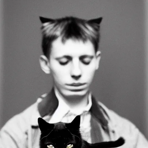 Image similar to a young man with a cat sitting on top of his head