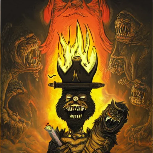 Prompt: dogbert as leader of illuminati dark cavern torches terrifying grim highly detailed by frank frazetta and scott adams