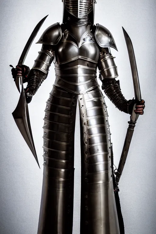 Image similar to dressed female knight, a medium armor, symmetrical, cinematic, elegant, demonic atmosphere, professional studio light, real dlsr photography, sharp focus, costume made by hans giger, 4 k, ultra hd, sense of awe