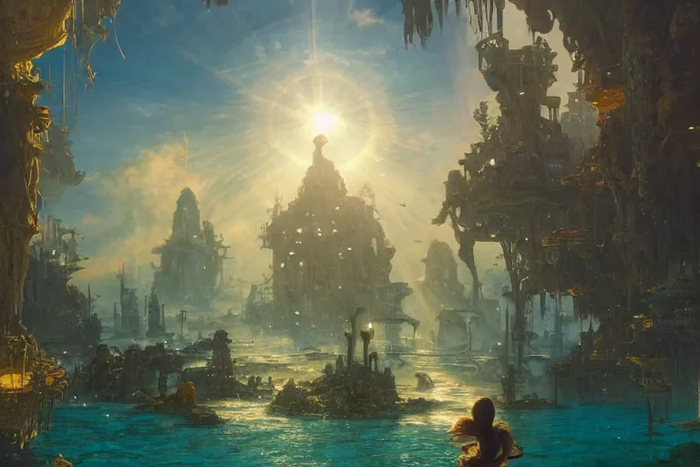 Image similar to a scenic landscaping view of the lost and abandoned city of Atlantic under water, ray of sunlight, mermaids in distance, Greg Rutkowski, Moebius, Mohrbacher, Mucha, blue and gold color scheme, ultra wide angle, ultra detailed, light effect