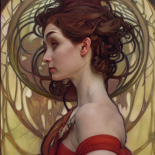 Prompt: a painting in the style of donato giancola, and in the style of charlie bowater, and in the style of alphonse mucha. smooth, sharp focus, semi - realism, symmetry.