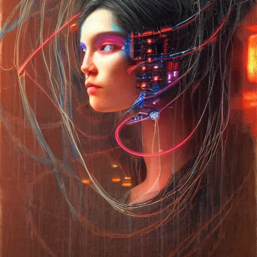 Image similar to painting of a close - up on the face of a cyberpunk girl, into a trance, connected by cables in her head, in the style of agostino arrivabene, renaissance, dark, surrealism, low contrast