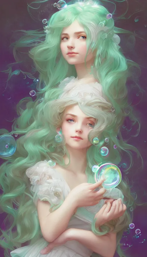 Image similar to portrait of magical girl, dreamy and ethereal, mint green eyes, peaceful expression, ornate frilly dress, fantasy, intricate, elegant, rainbow bubbles, highly detailed, digital painting, artstation, concept art, smooth, sharp focus, illustration, art by artgerm and greg rutkowski and alphonse mucha