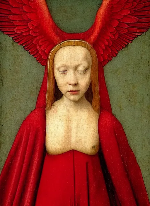 Image similar to fallen angel dressed in red with wings by Jan van Eyck, Hieronymus Bosch, Johannes Vermeer 4k post-processing, highly detailed medieval painting