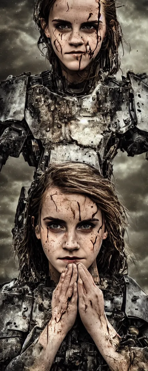 Image similar to photorealistic Emma Watson closeup angry tired fighting yelling warface fractal mecha spinal chord fractal armour twin sisters action poses dishevelled photorealistic portrait grimy sweating bloody oily wet face dirty t-shirt and torn jeans in broken biomechanical fractal armour abandoned exploding sci-fi abandoned coal power station being reclaimed by the jungle, cinematic lighting, dark and dim atmospheric smog trending on artstation 8k matte painting, dramatic lighting, dramatic shadows professional photograph by beautiful detailed intricate insanely detailed octane render, 8k artistic photography, photorealistic, chiaroscuro, by David Cronenberg, Raphael, Caravaggio and Greg Rutkowski