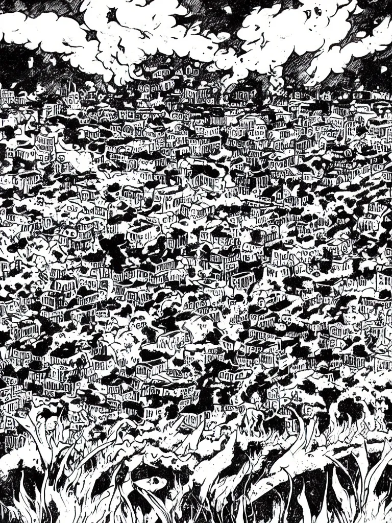 Image similar to field on fire, demons attacking humans, destroyed town in background, black and white, manga