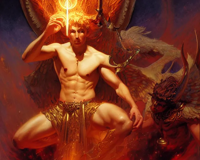 Image similar to attractive male deity, casting demonic magic, summoning handsome lucifer morning star. highly detailed painting by gaston bussiere, craig mullins, j. c. leyendecker 8 k