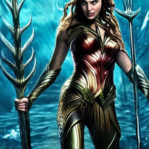 Image similar to an potrait of gal gadot cast as Mera from Aquaman, photorealistic, high detail, full body shot.