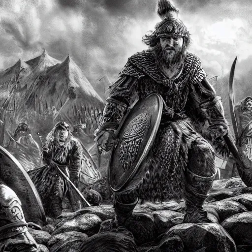 Image similar to vikings plunder the village and execute all the inhabitants in the style of kentaro miura, 4 k, 8 k, absolute detail of even the smallest details and particles, beautiful shadows, beautiful art, black and white drawing, high rendering of faces and characters