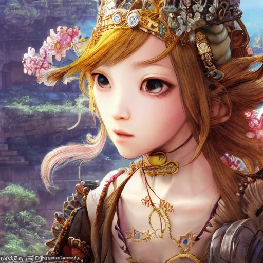 Prompt: character portrait of the monkey princess with gorgeous detailed eyes in the marketplace in the sky, color page, tankoban, 4 k, tone mapping, doll, akihiko yoshida, james jean, andrei riabovitchev, marc simonetti, yoshitaka amano, long hair, ape, curly
