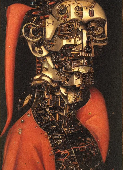 Prompt: a portrait of a cyborg jacked into their cyberdeck by Jan van Eyck