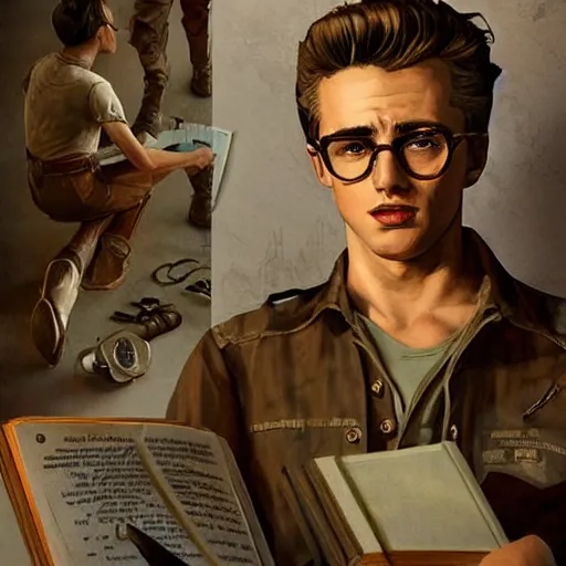 Image similar to a highly detailed epic cinematic concept art CG render digital painting artwork costume design: young James Dean as a well-kept neat anarchist rebel in 1950s USSR mechanic overalls and big boots, reading a book. By Greg Rutkowski, Ilya Kuvshinov, WLOP, Stanley Artgerm Lau, Ruan Jia and Fenghua Zhong, trending on ArtStation, subtle muted cinematic colors, made in Maya, Blender and Photoshop, octane render, excellent composition, cinematic atmosphere, dynamic dramatic cinematic lighting, aesthetic, very inspirational, arthouse