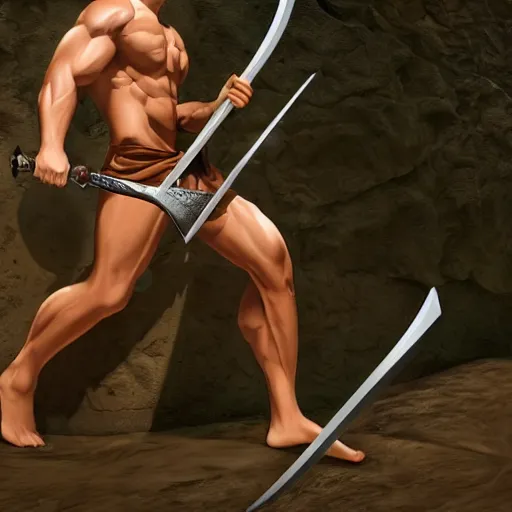 Image similar to camera footage of muscular man holding a sword with close - cropped blond hair and a long and yellow horseshoe mustache wearing brown sandals and short pants, 4 k, detailed, realistic, full body, real life